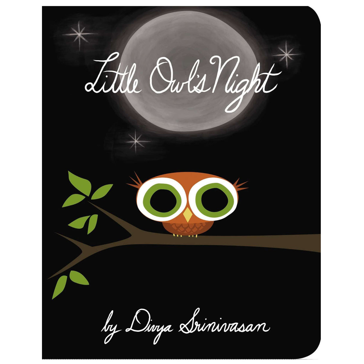 Little Owl's Night book cover with a cute owl on a branch under a glowing full moon and twinkling stars at night.