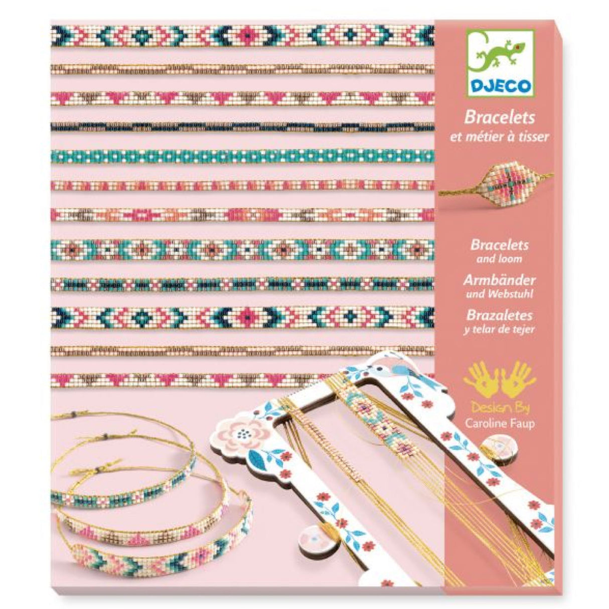 Tiny Beads Bracelets kit with colorful bead designs, weaving loom, and instructions for making 10 intricate bracelets.