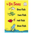 One Fish Two Fish Red Fish Blue by Dr. Seuss with colorful fish illustrations on a bright yellow background.