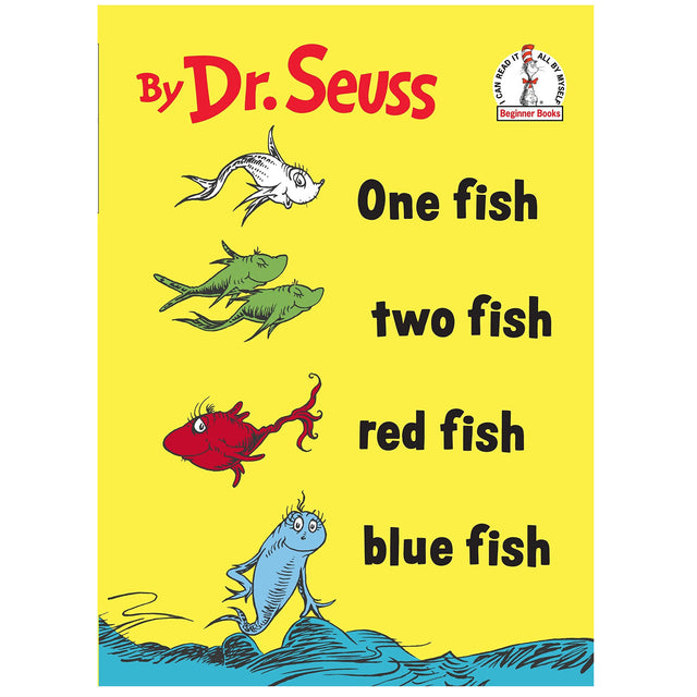 One Fish Two Fish Red Fish Blue by Dr. Seuss with colorful fish illustrations on a bright yellow background.