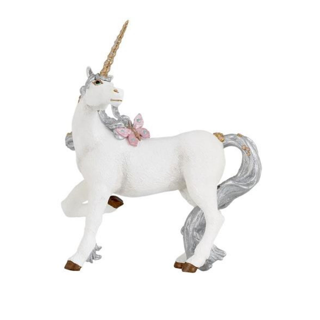 Silver Unicorn figurine with golden horn, silver mane, and pink butterfly detail, perfect for magical play scenes.