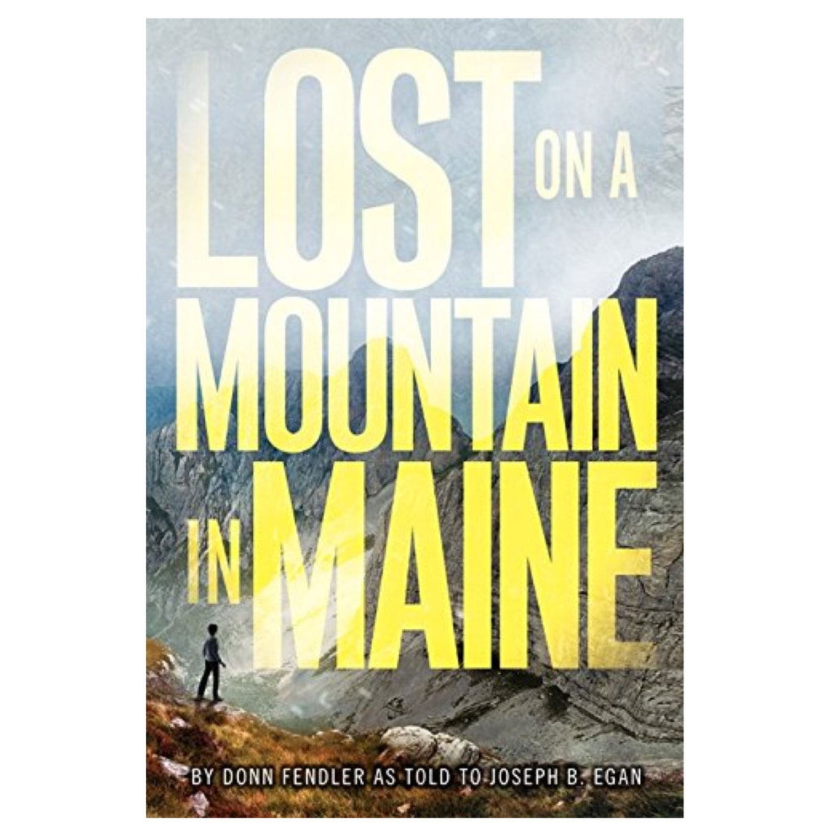 Lost on a Mountain in Maine book cover showing a lone boy standing on rocky terrain beneath foggy mountain peaks
