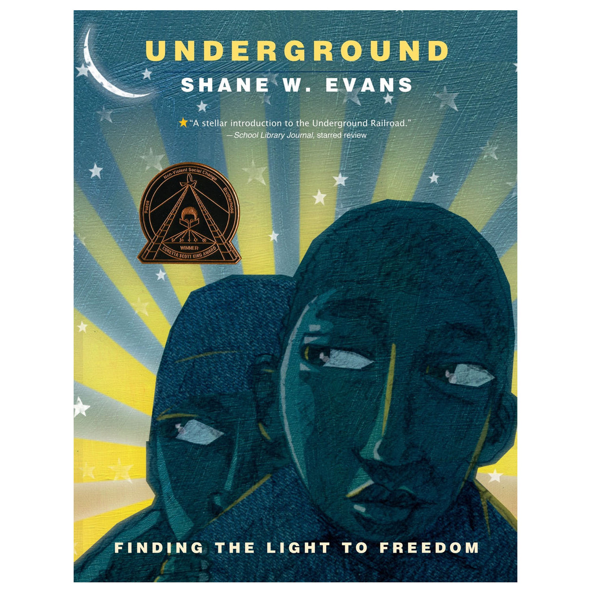 Underground book cover showing two thoughtful faces against a starry sky with light rays symbolizing hope and freedom.
