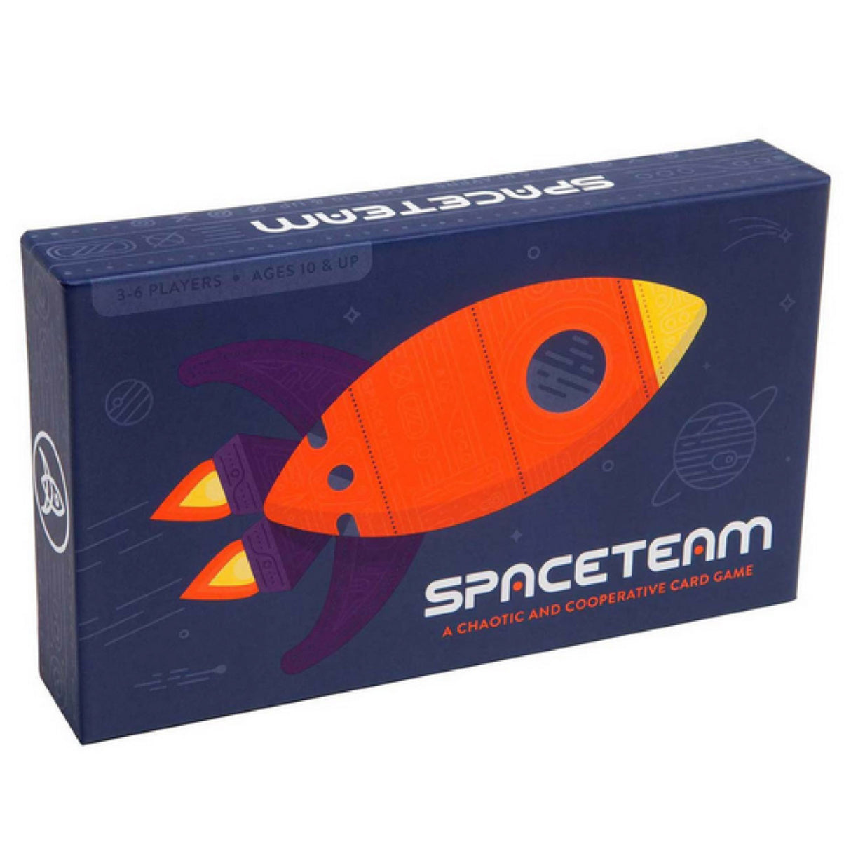 Spaceteam game box featuring an illustrated rocket ship for a cooperative shouting card game.