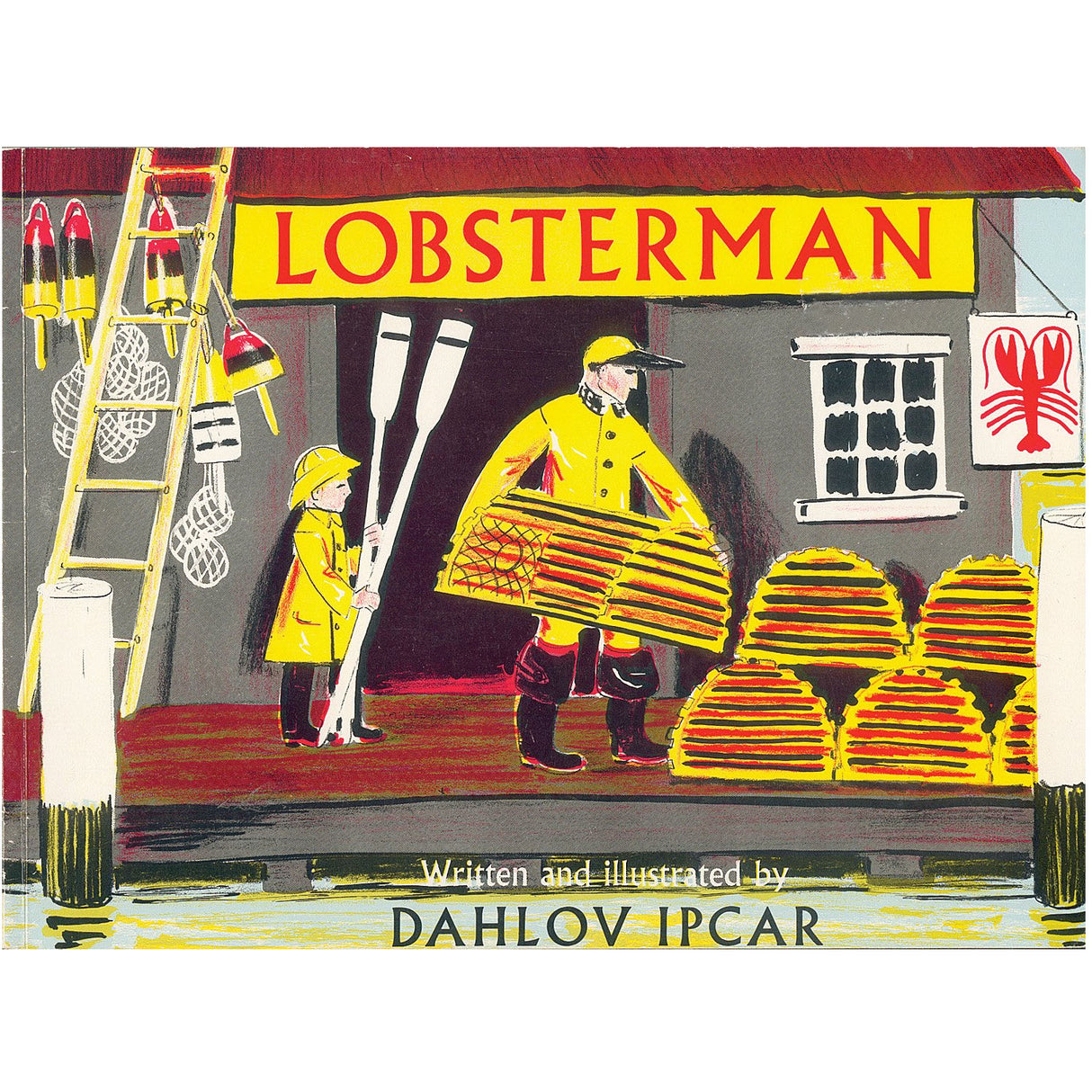 Lobsterman book cover showing a father and son in rain gear with lobster traps at a Maine dock.