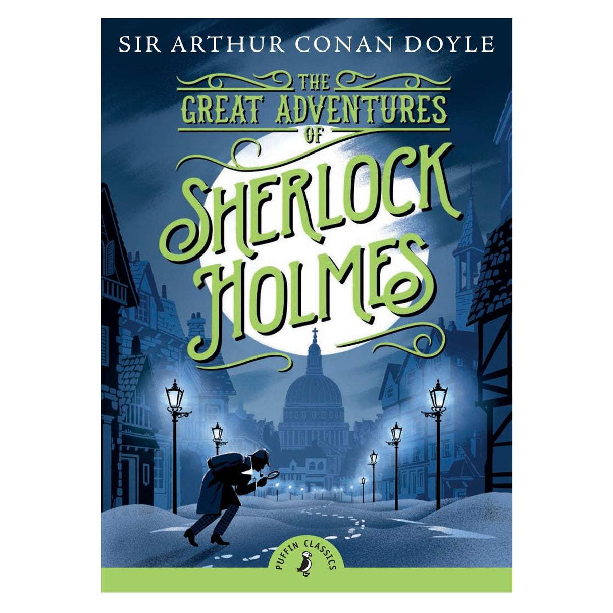 Sherlock Holmes book cover showing detective under moonlight in a Victorian London street solving mysteries.