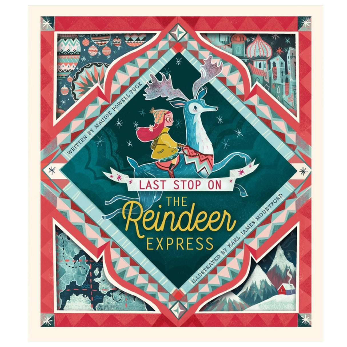Cover of Last Stop on the Reindeer Express showing a girl riding a white reindeer with festive red and blue patterns.