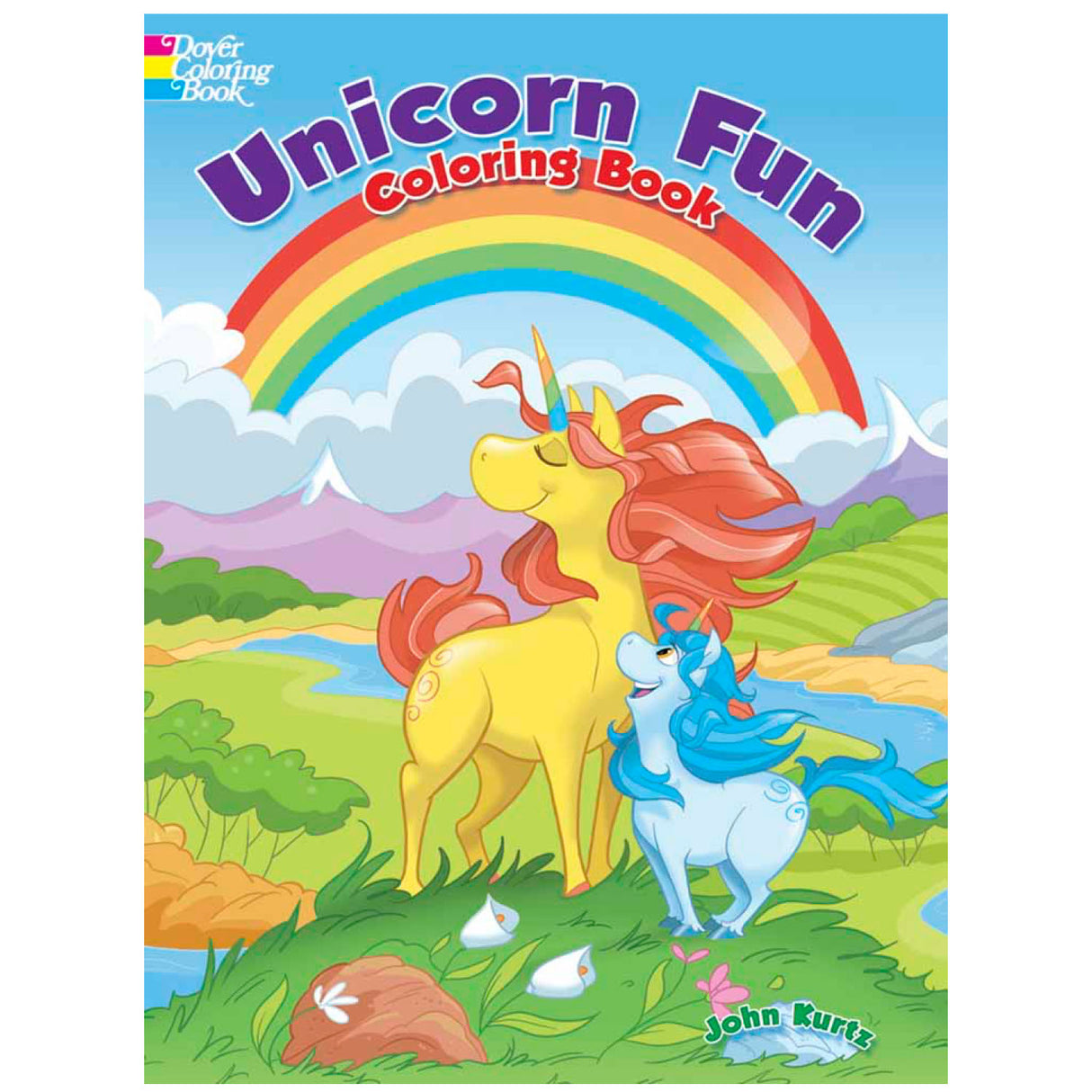 Unicorn Fun Coloring Book cover shows colorful unicorns under a rainbow in a bright, magical landscape.