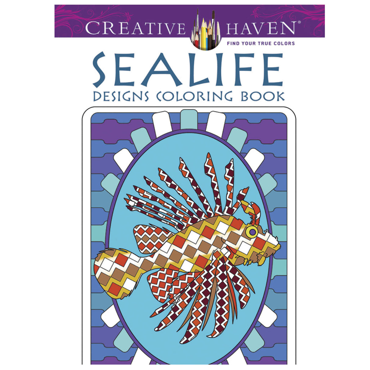 Sealife Designs Coloring Book cover featuring a colorful, psychedelic fish illustration for creative adult coloring.