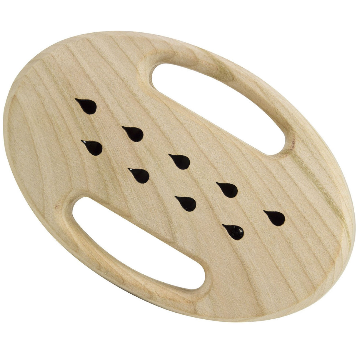 Rainmaker Rattle wooden baby toy with easy-grip handles and rainmaker sound, crafted from natural cherry hardwood.