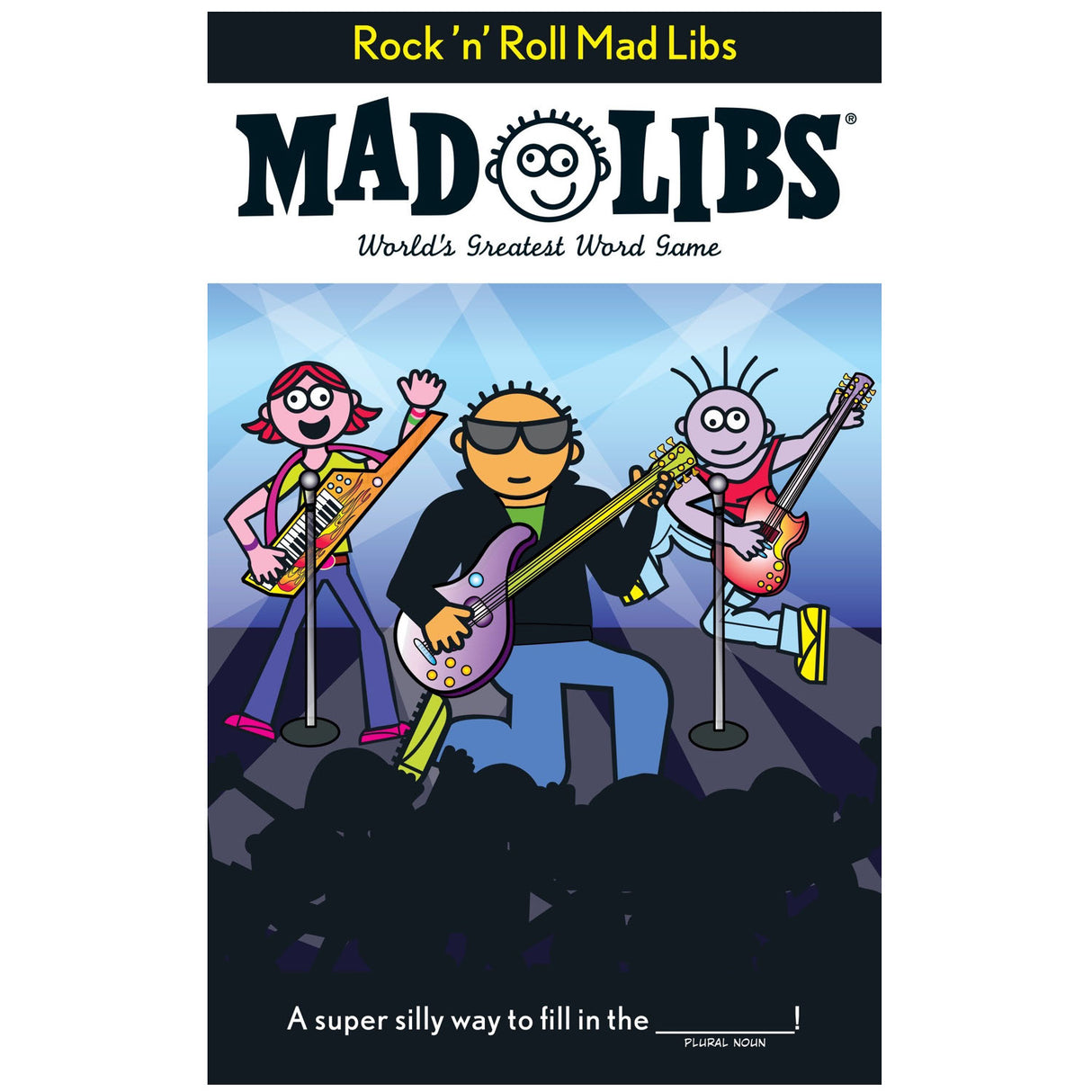 Cover of Mad Libs Rock n Roll featuring cartoon rock band performing with guitars on stage.