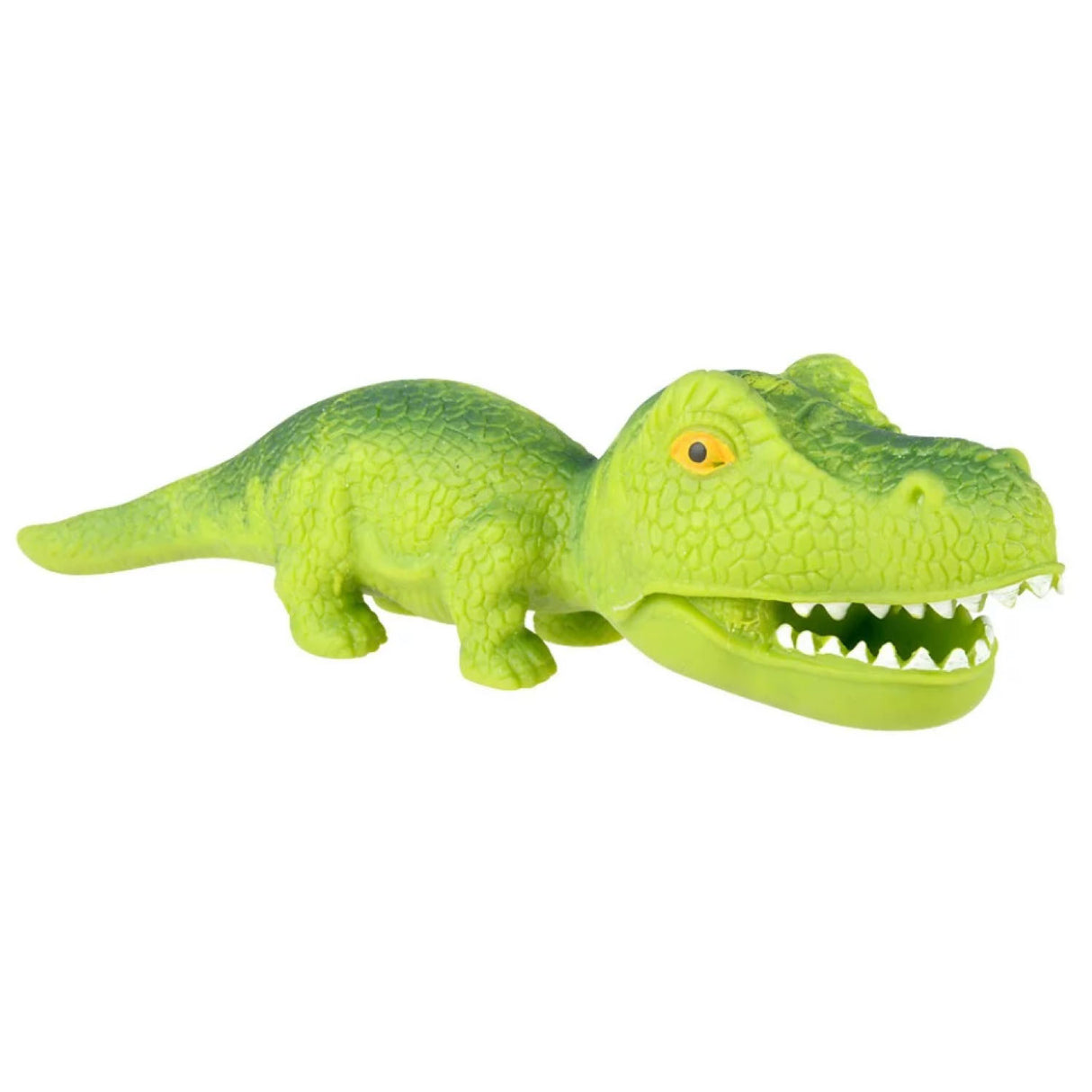 Stretchy Sand Dino toy in green, featuring a squeezy, stretchy design that stretches and returns for kids ages 3 and up.