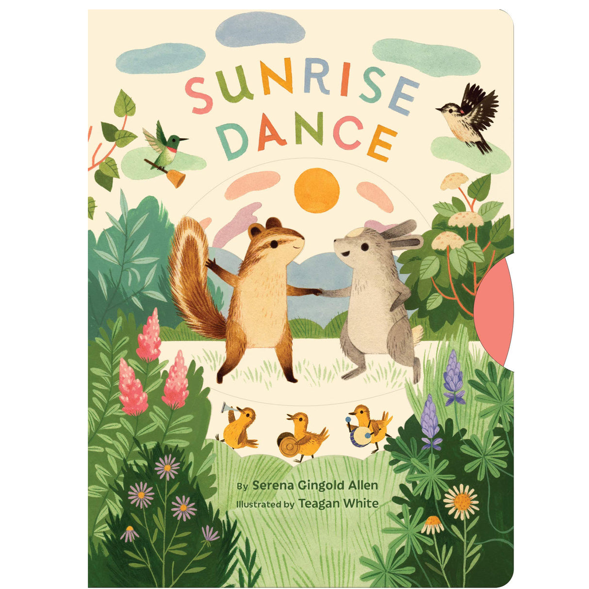 Sunrise Dance book cover showing playful animals dancing in a colorful garden scene for toddlers.