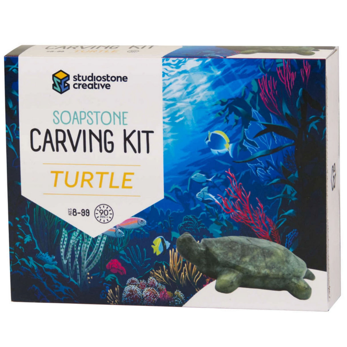 Soapstone Carving Turtle kit box showing underwater scene and green soapstone turtle carving project for beginners.