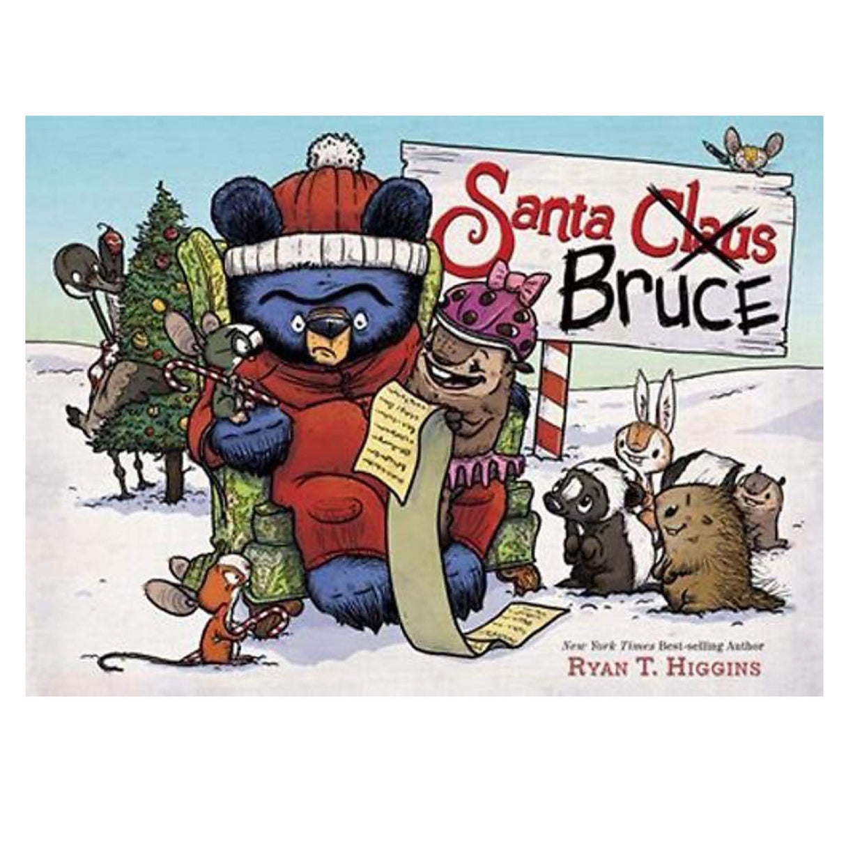 Santa Bruce book cover shows a grumpy bear in a red hat reading Christmas wishes from forest animals.