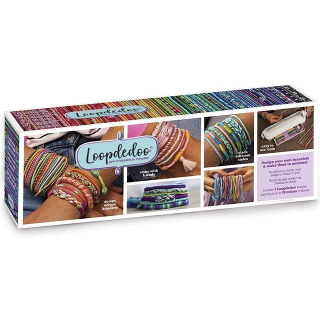 LoopdeDoo Friendship Bracelet Maker kit with colorful embroidery floss and spinning tool for easy bracelet crafting.