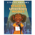 Cover of Stacey's Extraordinary Words showing a young girl at a spelling bee holding a microphone and smiling.