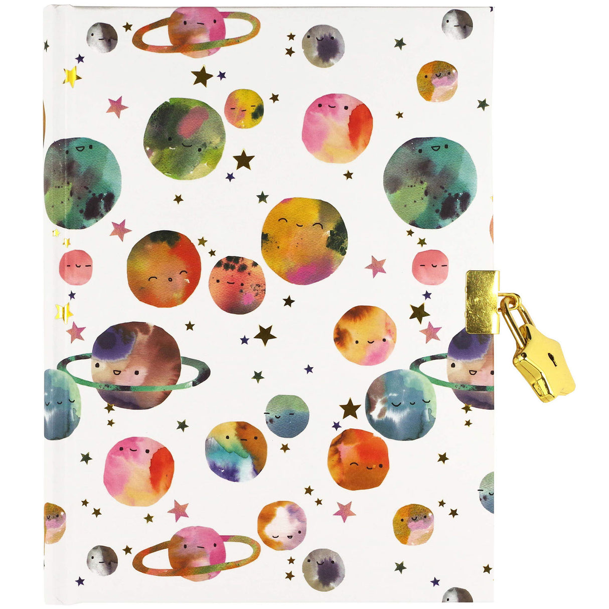 Space Diary locking journal with colorful happy planets, gold foil, and secure lock for private writing.