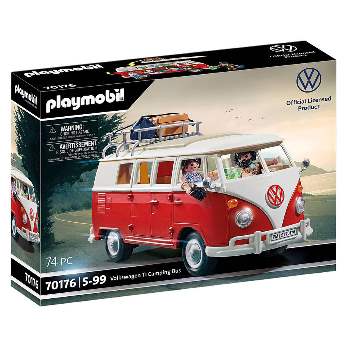 Playmobil Volkswagen T1 Camp Bus with removable roof, detailed interior, figures, and vintage red and white design.