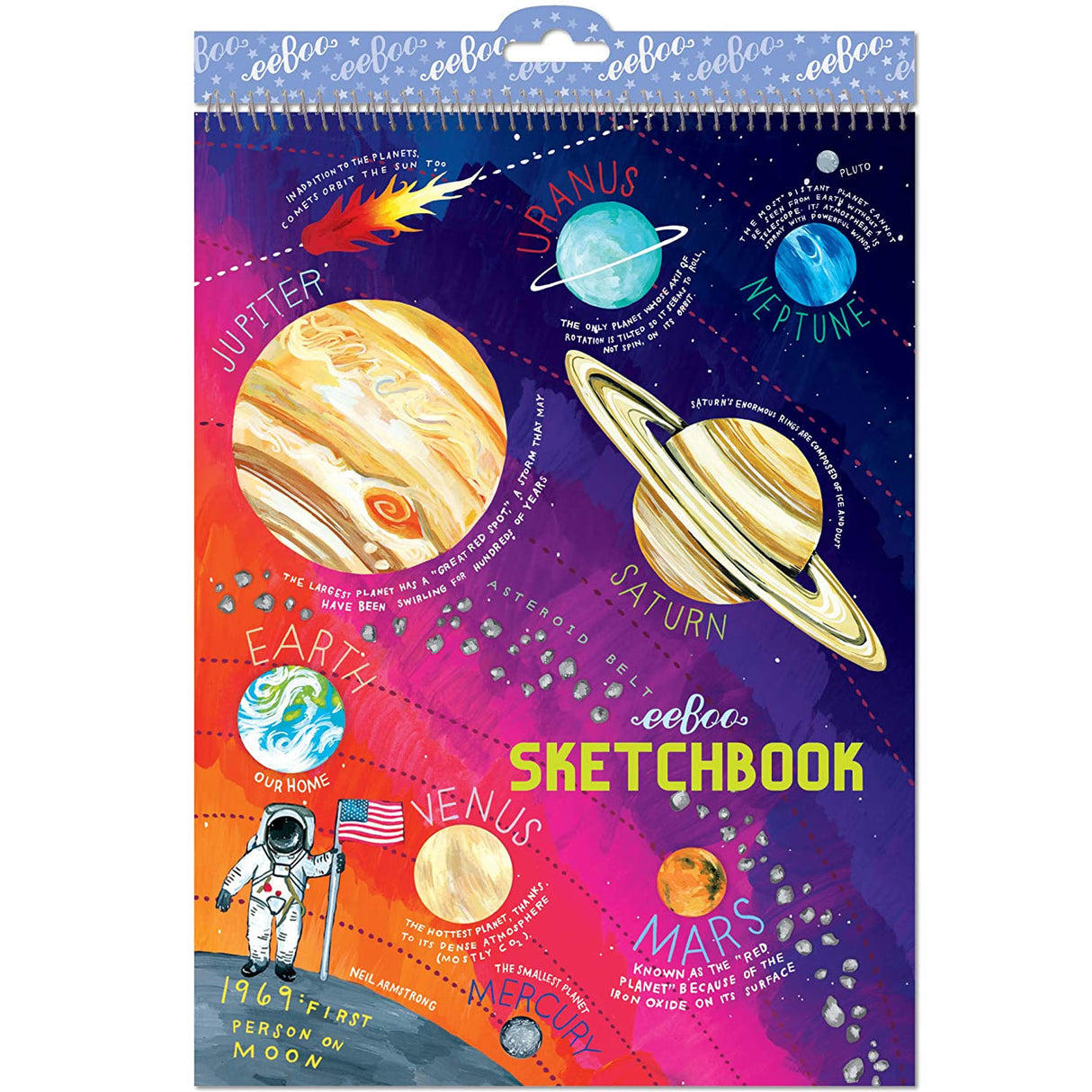 Solar System Sketchbook with colorful spiral-bound pages featuring illustrated planets and space exploration facts for kids.