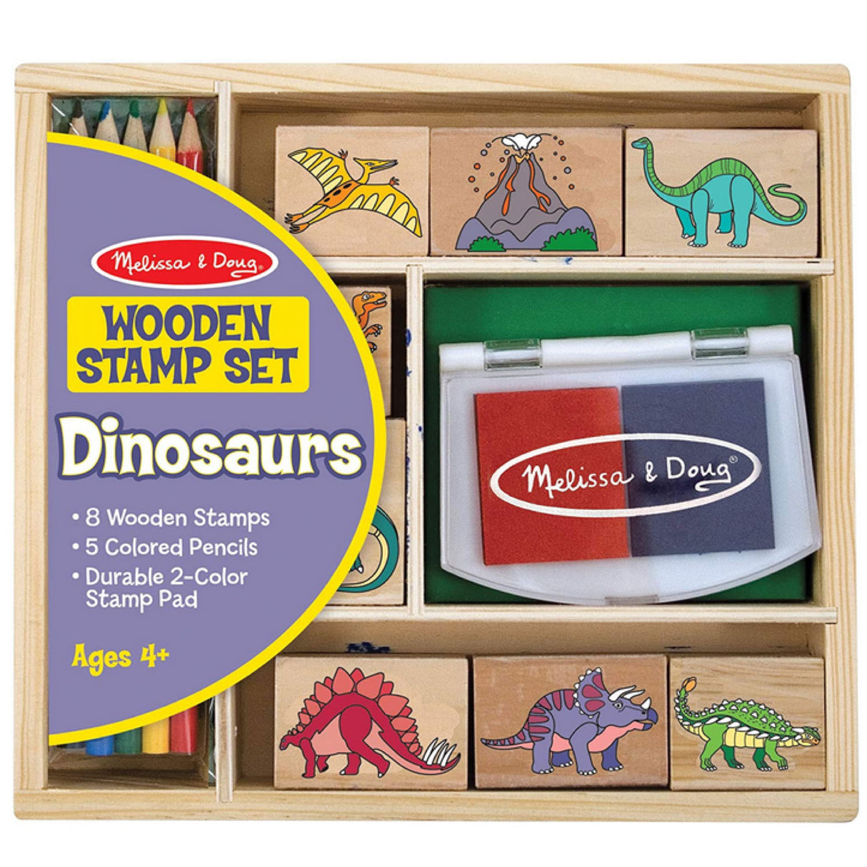 Stamps Dinosaurs Set with 8 wooden dinosaur stamps, 2-color ink pad, and 5 colored pencils in a wooden box.