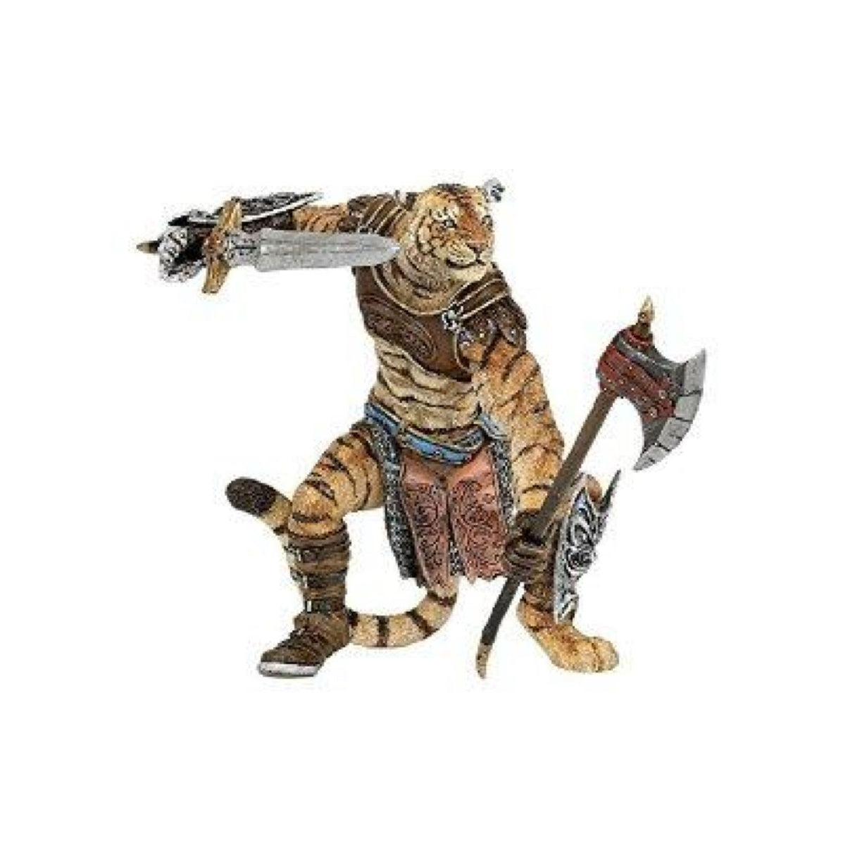 Tiger Mutant action figure holding sword and axe, detailed warrior tiger in armor for imaginative play, 6.8x8x10 cm.