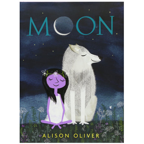 Moon book cover showing a girl with a flower crown sitting beside a white wolf under a crescent moon at night.