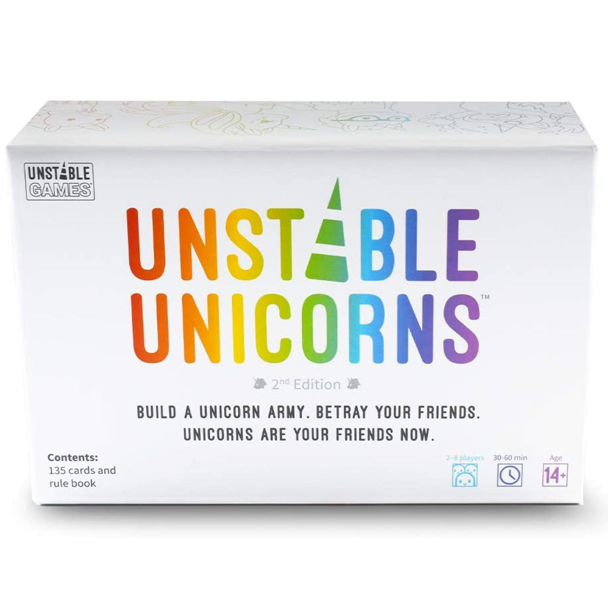 Unstable Unicorns game box with colorful logo, 135 cards, and rule book for strategic unicorn army play.