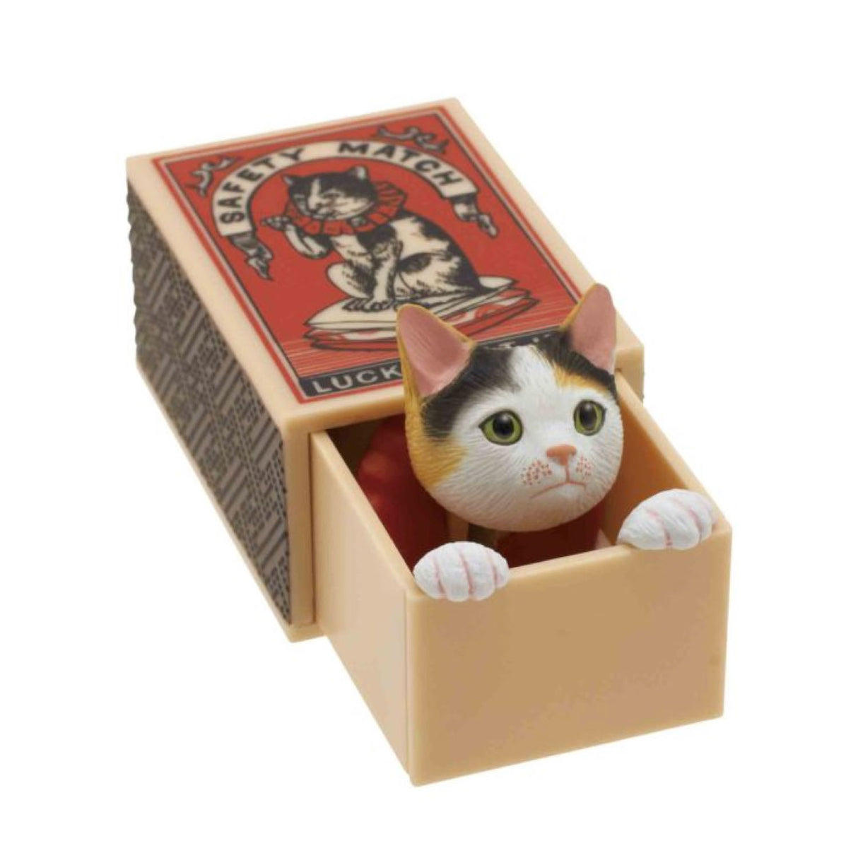 Cat Peek Matchbox Blind Box featuring a detailed cat figurine peeking out of a vintage-style matchbox.