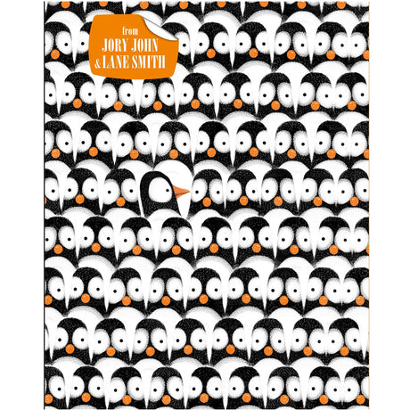 Penguin Problems book cover showing a crowd of illustrated penguins with one unique penguin facing sideways.
