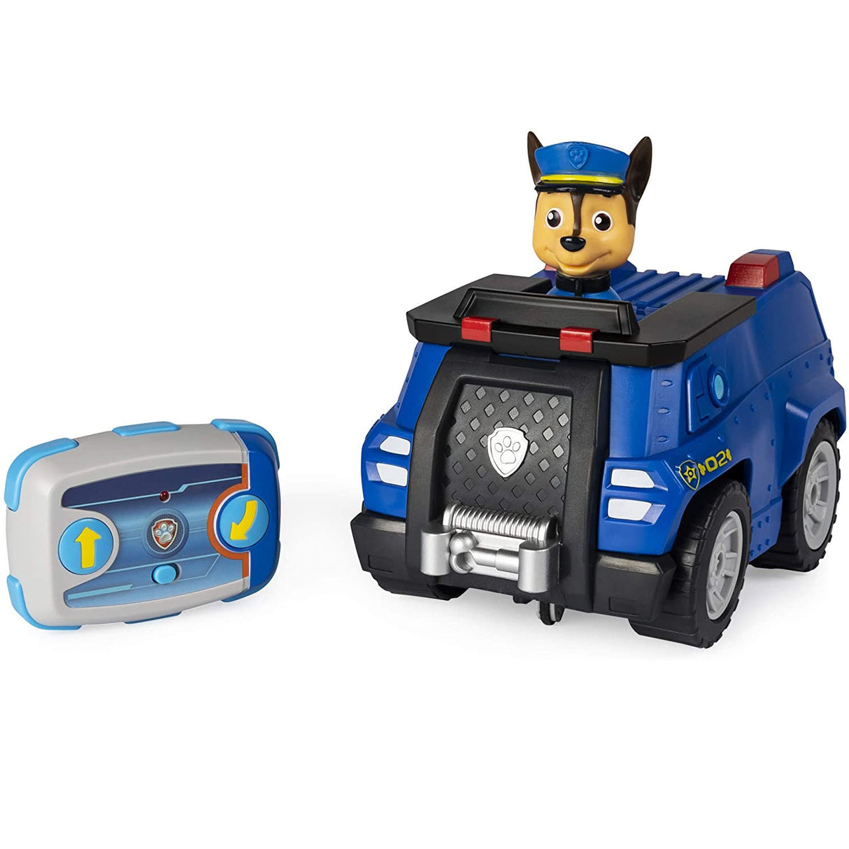 RC Paw Patrol Chase Police Cruiser with Chase figure and remote control for forward and reverse driving.