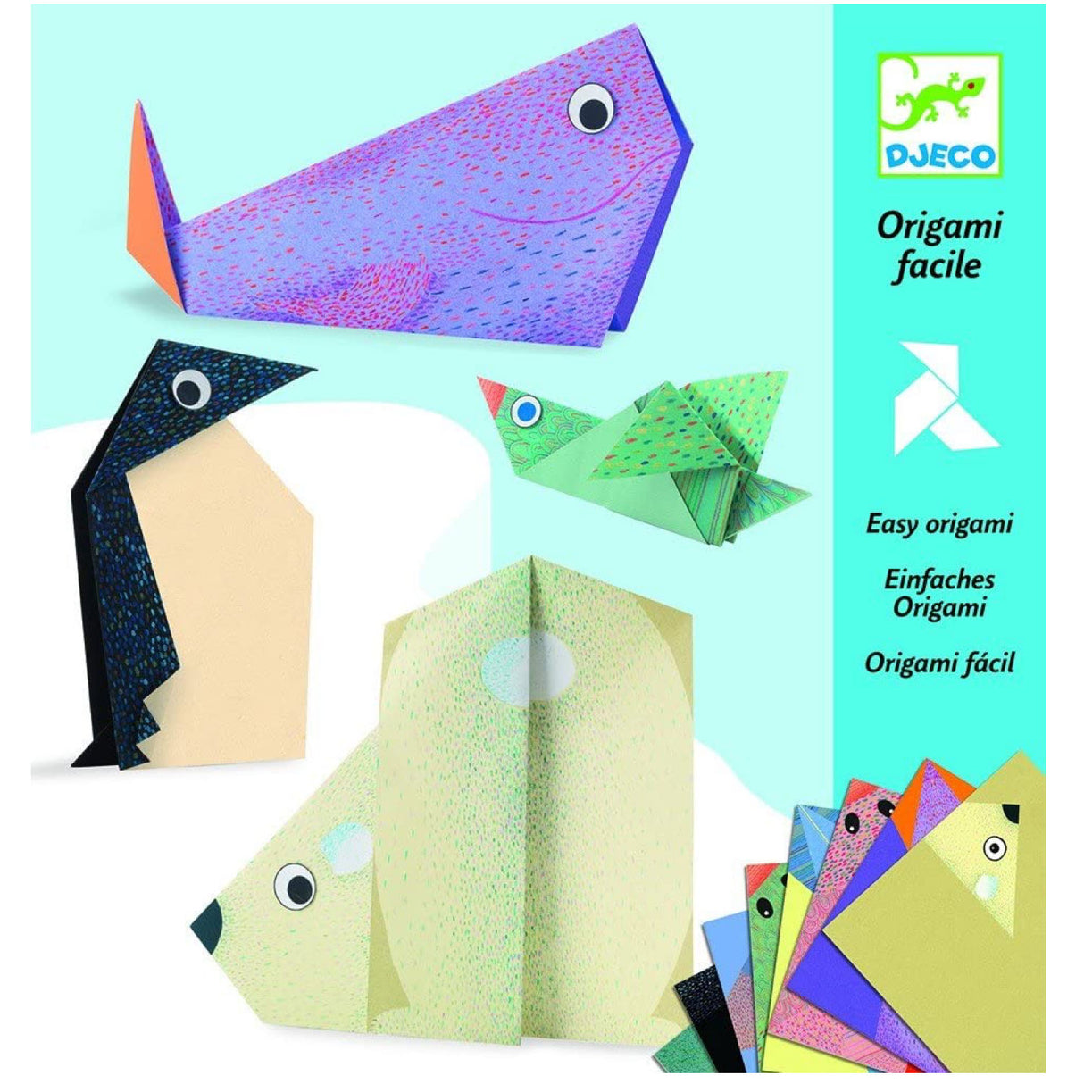 Origami Polar Animals featuring colorful folded paper polar creatures including a whale, penguin, bird, and polar bear.