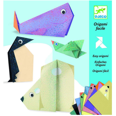 Origami Polar Animals featuring colorful folded paper polar creatures including a whale, penguin, bird, and polar bear.