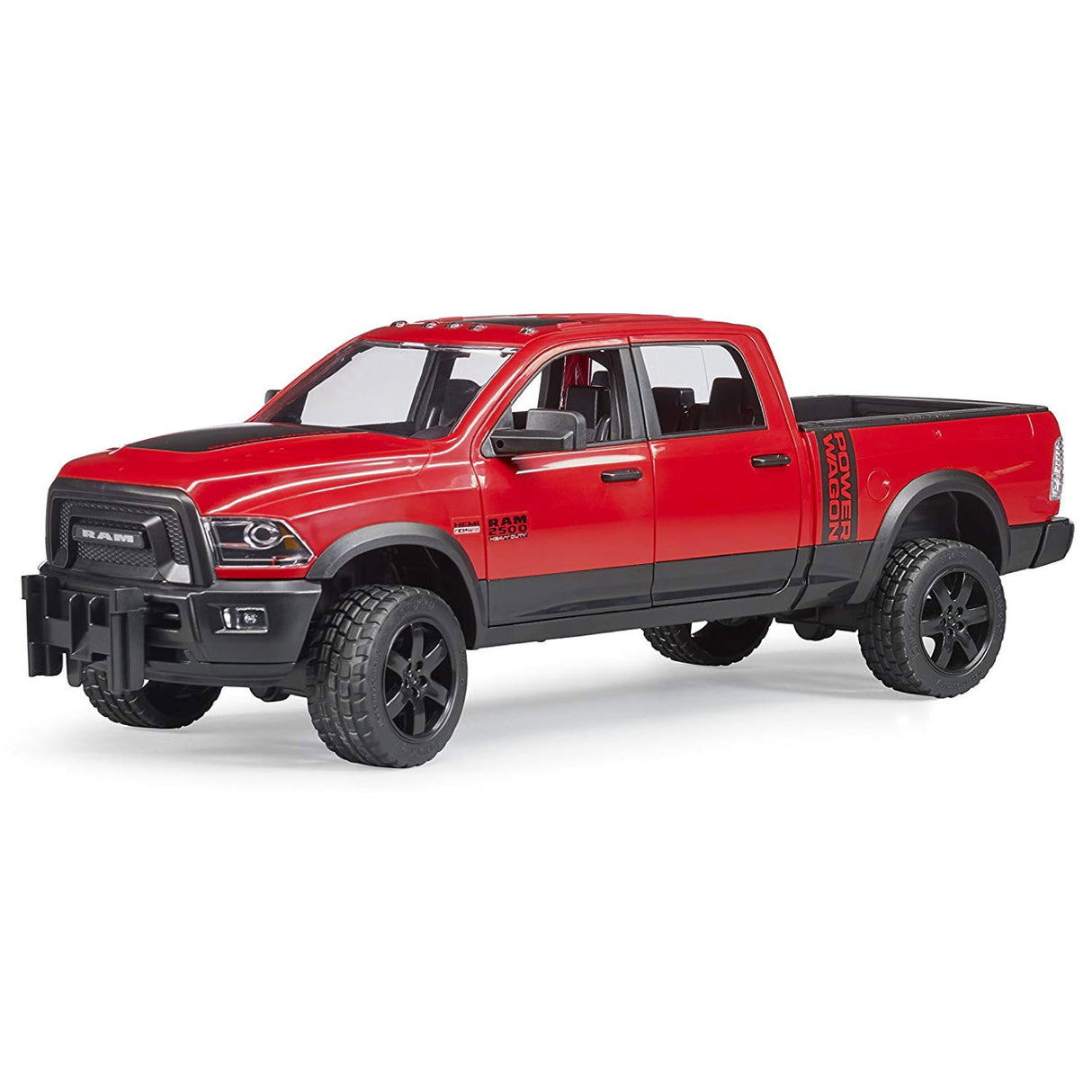 Red Ram 2500 Power Wagon toy truck with crew cab, four doors, and detailed off-road design.