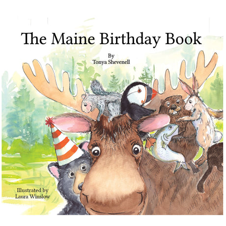 Cover of The Maine Birthday Book showing watercolor illustrations of Maine animals celebrating a birthday in the woods