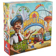 Meeple Land board game box featuring colorful amusement park rides and a friendly guide holding a game map.