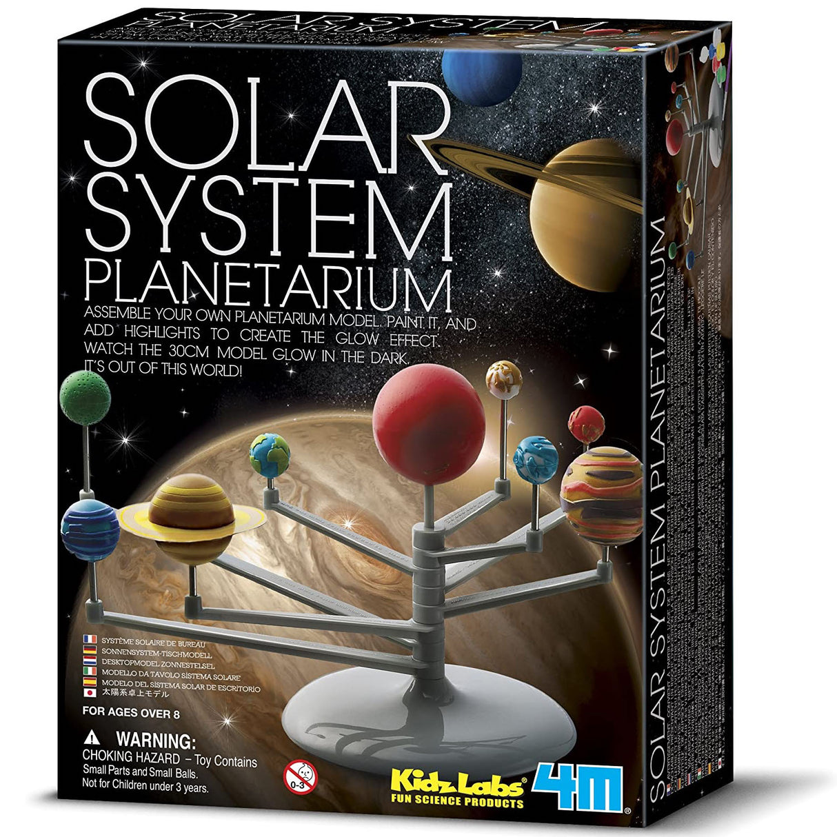 Solar System Planetarium kit with glow-in-the-dark planets and sun model for educational fun and assembly.