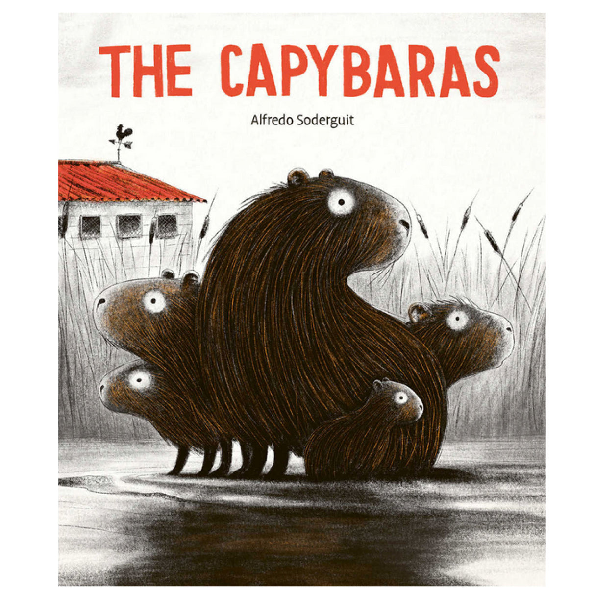 The Capybaras book cover showing a family of capybaras near a rustic coop in a natural setting.