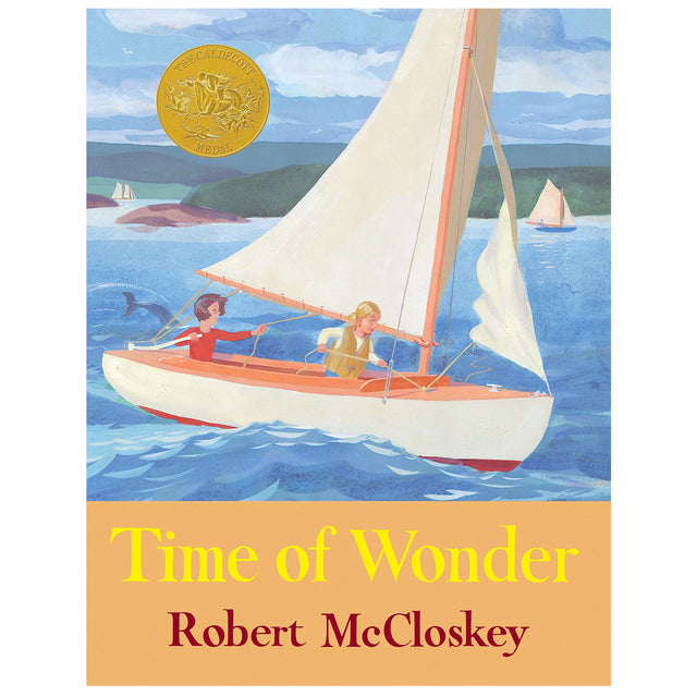 Cover of Time of Wonder showing two children sailing on a small boat with seagulls and a calm sea under a cloudy sky.