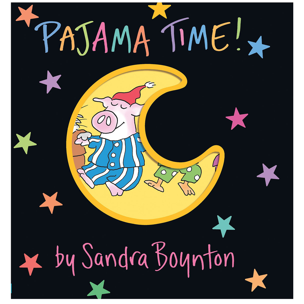 Pajama Time book cover showing animals in colorful pajamas on a crescent moon surrounded by stars.