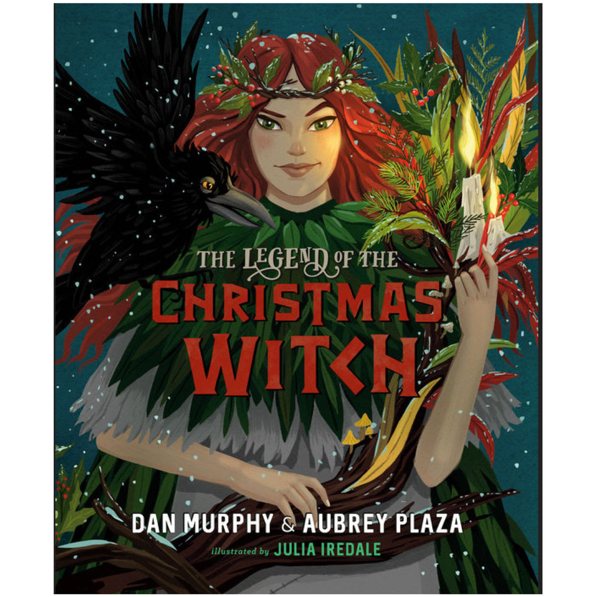 Cover of The Legend of the Christmas Witch book featuring a red-haired witch with candle and crow.