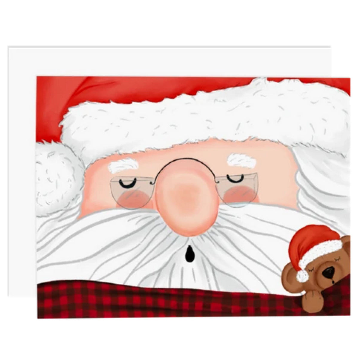 Santa's Nap Card featuring a sleepy Santa and teddy bear on a bright white holiday greeting card.