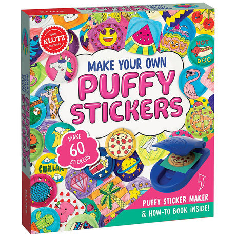 Make Your Own Puffy Stickers kit with colorful puffy sticker designs and a blue sticker maker tool included.