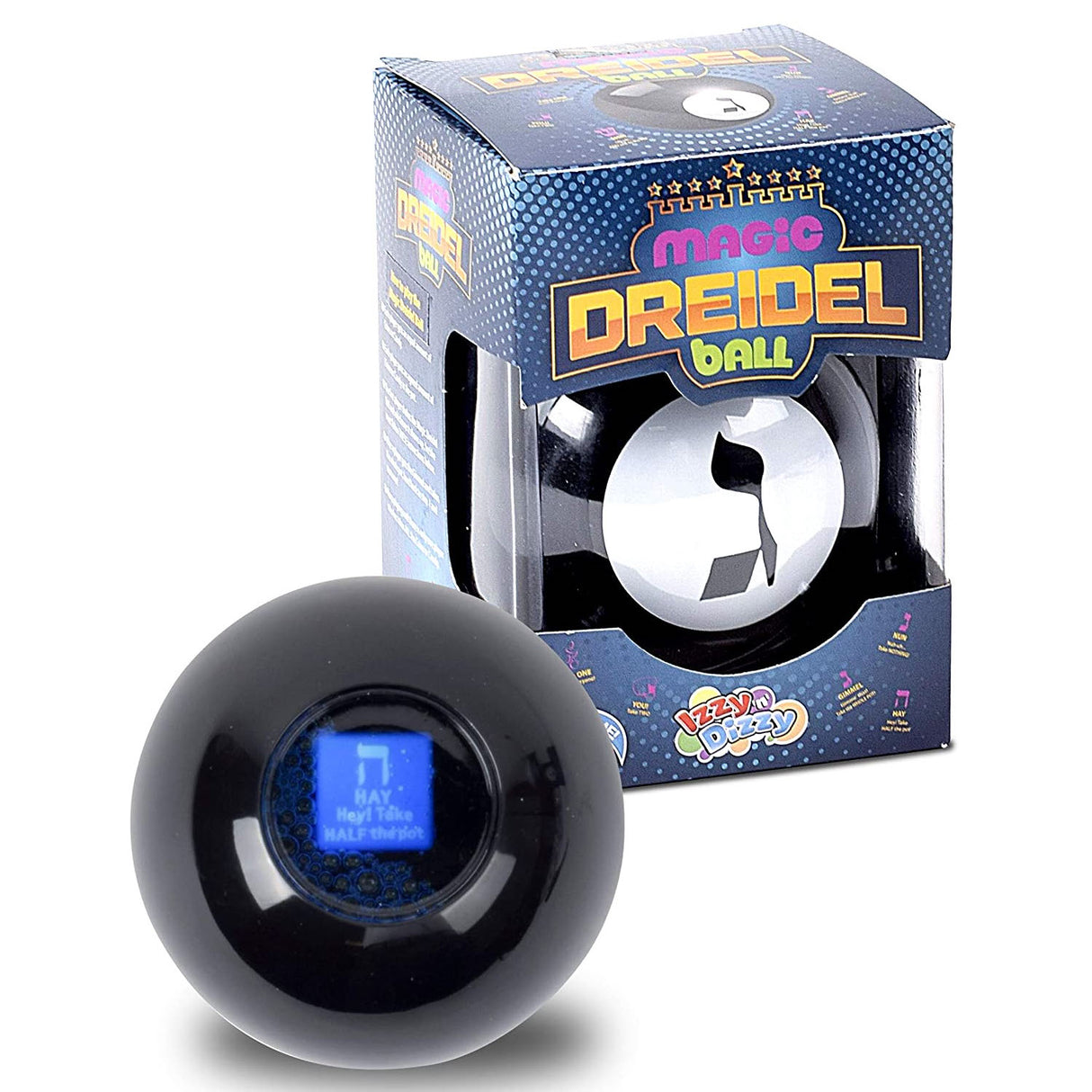 Magic Dreidel Ball showing result window and packaging for a modern twist on the traditional dreidel game.