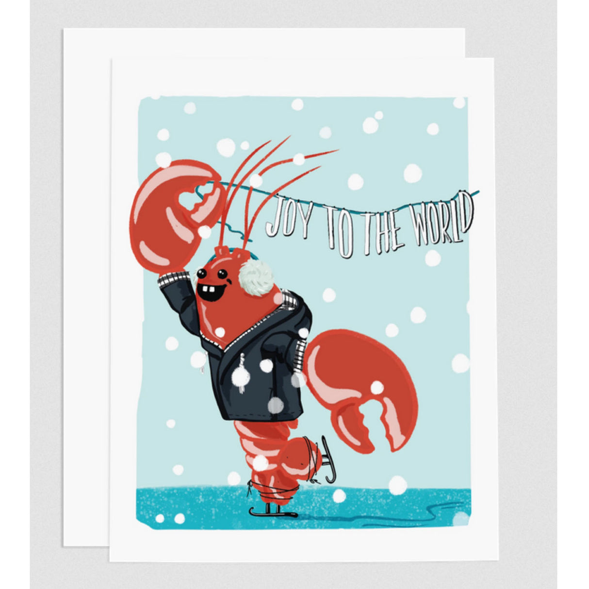 Lobstah Joy to the World Card featuring a cheerful lobster ice skating in snow with festive holiday message.