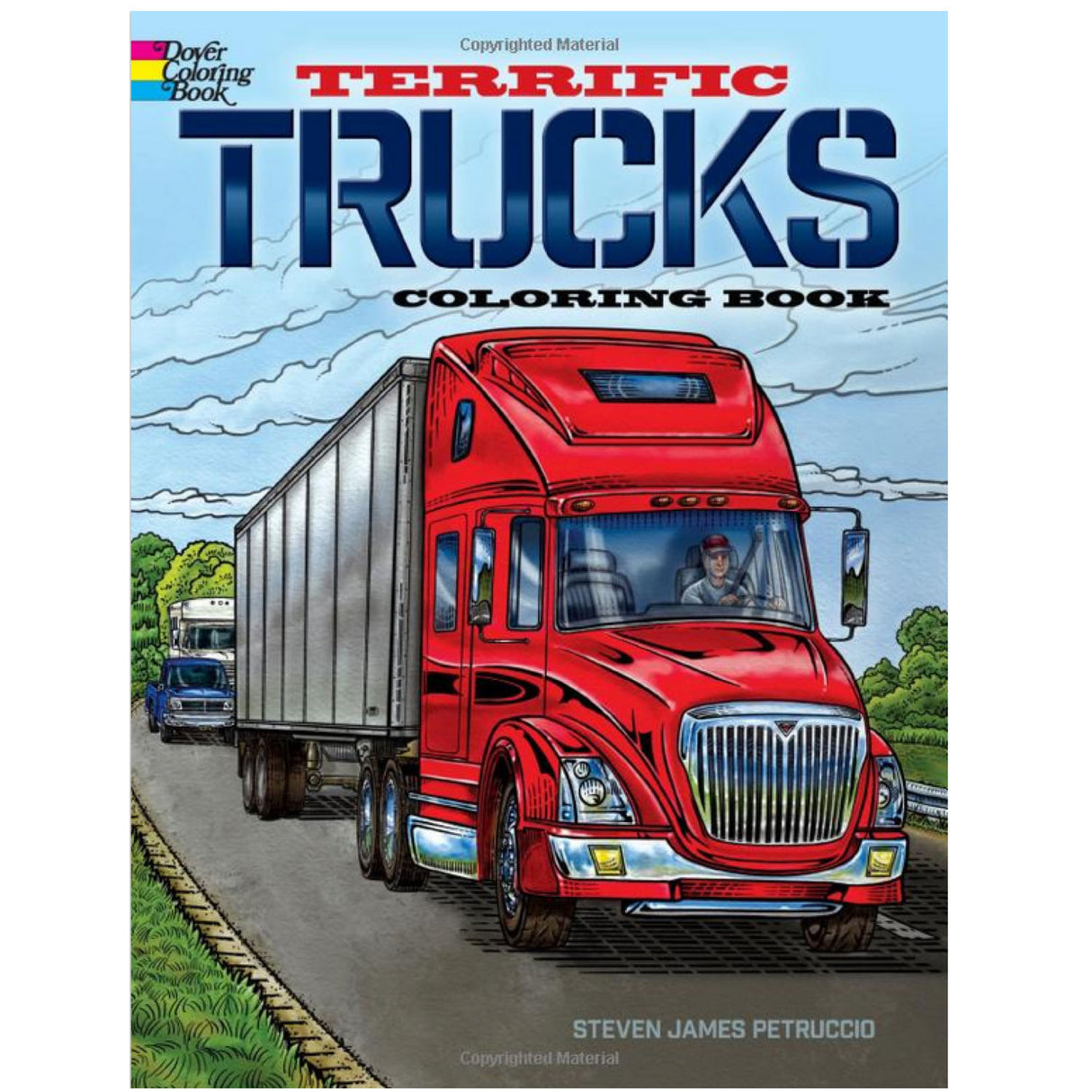 Cover of Terrific Trucks Coloring Book showing a detailed red semi truck on a highway with blue sky and clouds above