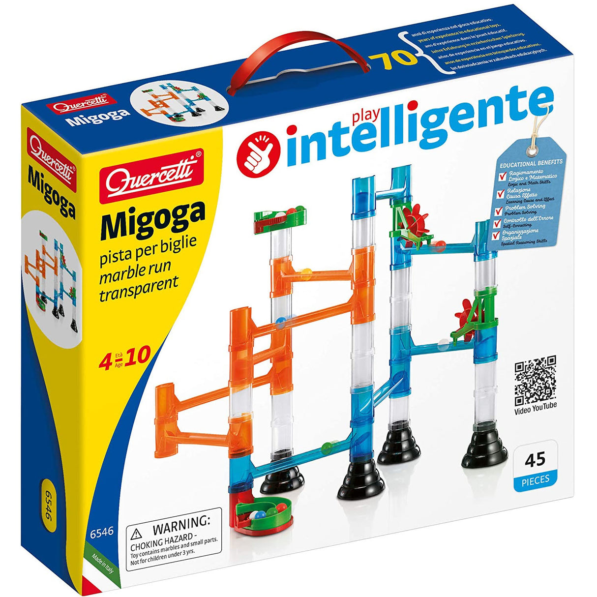 Migoga Marble Run starter set with 45 pieces including spinning wheels and starting gates for kids ages 4 plus.
