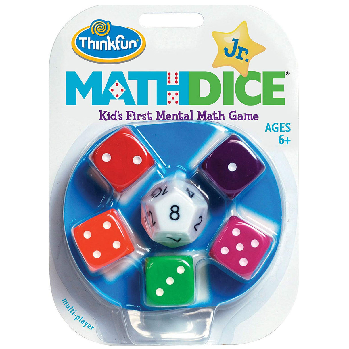 Math Dice Jr packaging showing colorful dice including a 12-sided target die and five 6-sided scoring dice for kids 6+