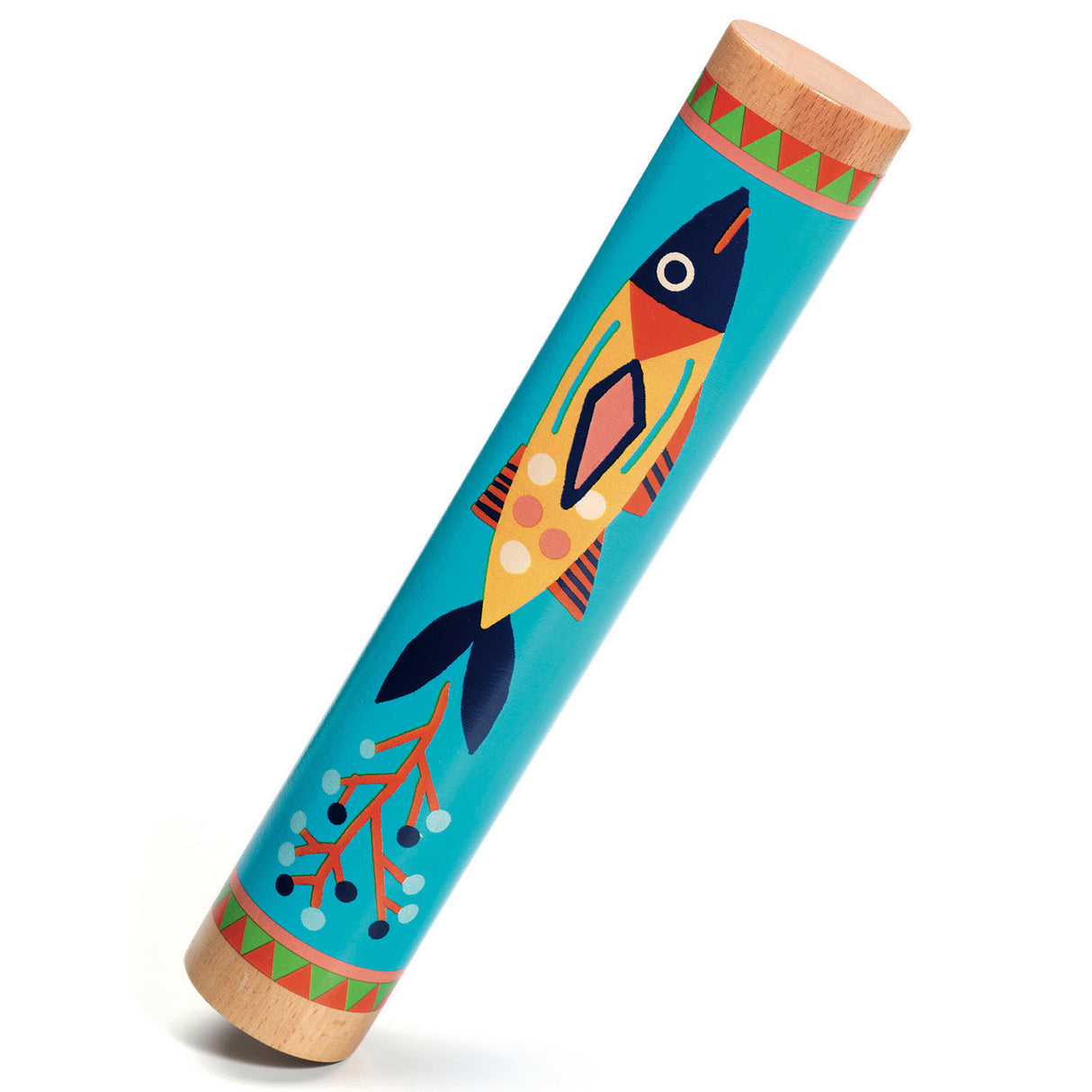 Animambo Rain Stick wooden toy with colorful fish illustration creating soothing rain sounds, designed for children ages 3 and up.