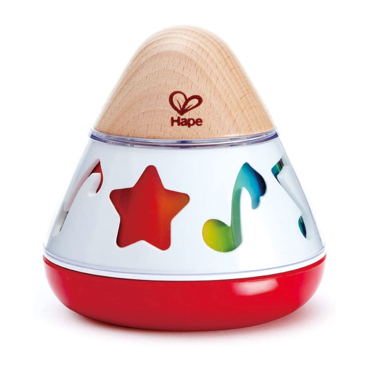 Music Box with red base and wooden top featuring colorful musical symbols that light up while spinning gently.